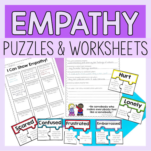 Empathy puzzles and worksheets with colorful pieces on a purple background