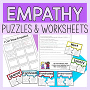 Empathy puzzles and worksheets with colorful pieces on a purple background
