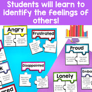 Educational materials for teaching students about emotions with labeled cards on a colorful background.