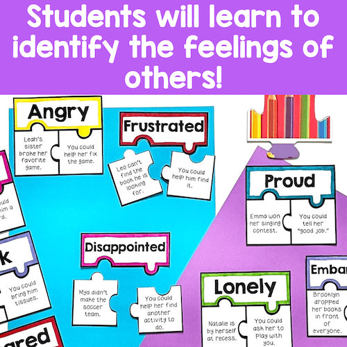 Educational materials for teaching students about emotions with labeled cards on a colorful background.