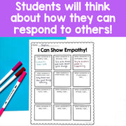 Worksheet titled 'I Can Show Empathy!' with markers on a blue and purple background