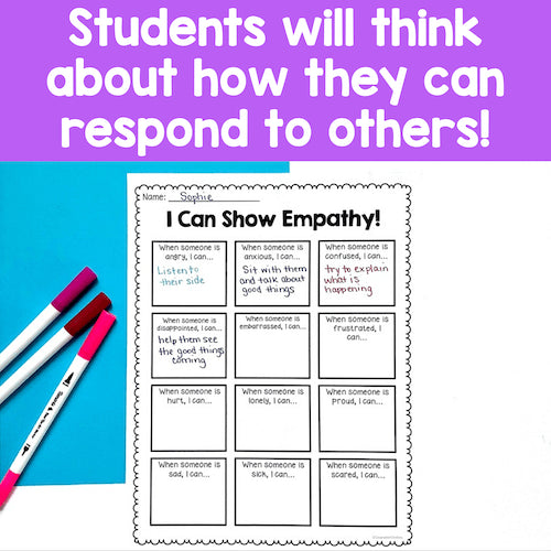 Worksheet titled 'I Can Show Empathy!' with markers on a blue and purple background