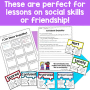 Educational materials on empathy with text overlay on a purple background