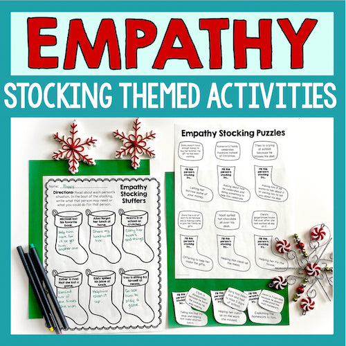 Empathy stocking themed activities with text and Christmas decorations on a blue background