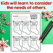 Worksheet titled 'Empathy Stocking Stuffers' with Christmas-themed decorations on a green background.
