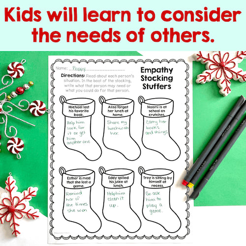 Worksheet titled 'Empathy Stocking Stuffers' with Christmas-themed decorations on a green background.
