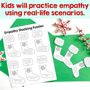 Empathy stocking puzzles on a green background with text about practicing empathy.