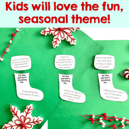 Holiday-themed activity cards on a green background with red and white decorations.