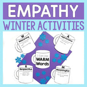 Cover of a book titled 'Empathy Winter Activities' with mugs and snowflakes on a purple and blue background.