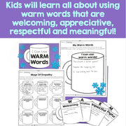 Educational materials on using warm words with mugs and text on a purple background