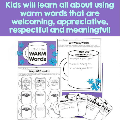 Educational materials on using warm words with mugs and text on a purple background