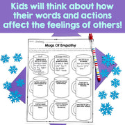 Worksheet titled 'Mugs Of Empathy' with mugs and a pen on a purple background with snowflake decorations.