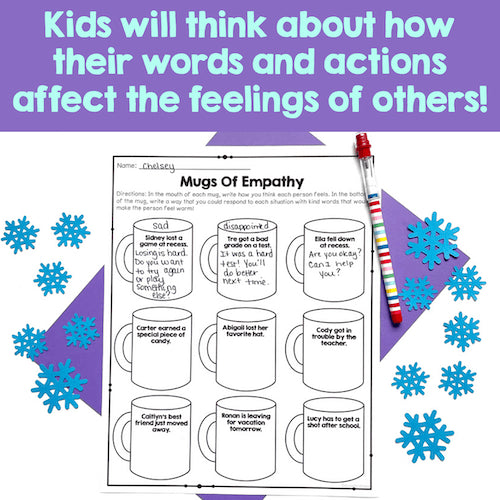 Worksheet titled 'Mugs Of Empathy' with mugs and a pen on a purple background with snowflake decorations.