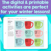 Digital activity sheet on a tablet with colorful mugs and text, set against a blue and purple gradient background.