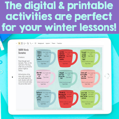 Digital activity sheet on a tablet with colorful mugs and text, set against a blue and purple gradient background.