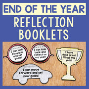 Promotional graphic for end-of-year reflection booklets with speech bubbles and a trophy on a wooden background.