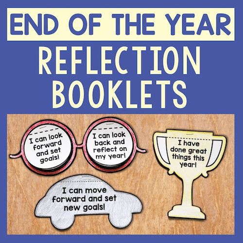 Promotional graphic for end-of-year reflection booklets with speech bubbles and a trophy on a wooden background.