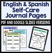 English and Spanish self-care journal pages with PDF and Google Slides versions on a white background.