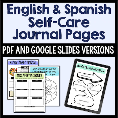 English and Spanish self-care journal pages with PDF and Google Slides versions on a white background.