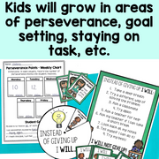 Educational materials on perseverance and goal setting for children, including charts and cards.