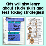 Educational materials on study skills and test-taking strategies with a notebook and worksheets.