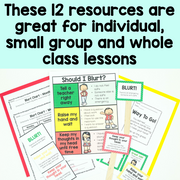 Educational resources for teaching about decision-making skills, including charts and signs, on a light blue background.