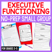 Educational materials for executive functioning skills with worksheets and a clipboard on a purple background.
