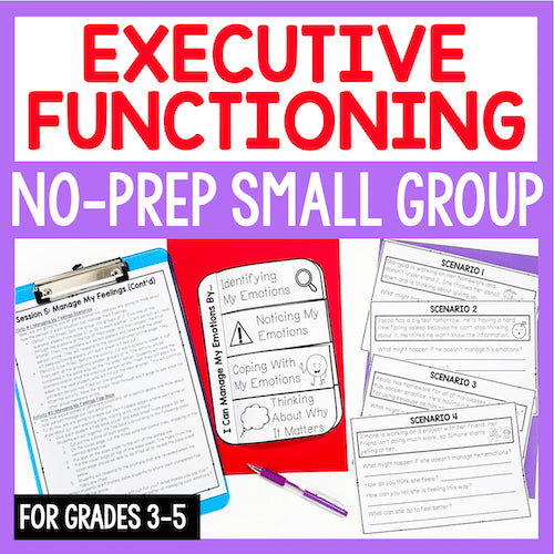 Educational materials for executive functioning skills with worksheets and a clipboard on a purple background.
