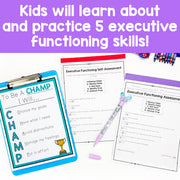 Educational materials for teaching executive functioning skills with a clipboard, paper, and pen on a purple background.