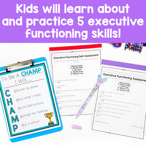 Educational materials for teaching executive functioning skills with a clipboard, paper, and pen on a purple background.