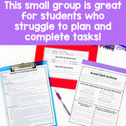 Educational materials on a clipboard with text highlighting its use for students who struggle with planning tasks.