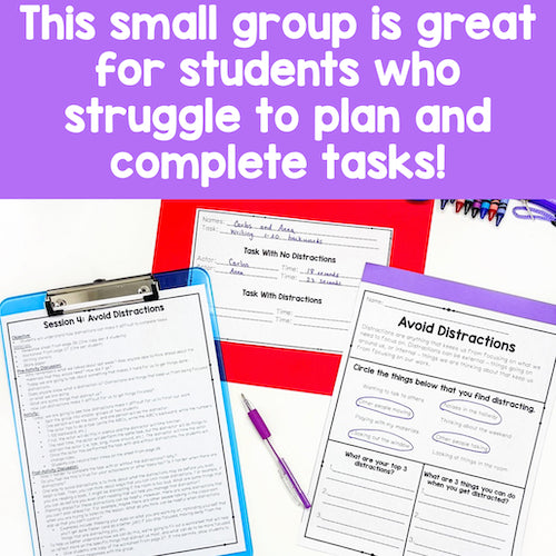 Educational materials on a clipboard with text highlighting its use for students who struggle with planning tasks.