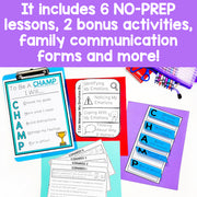 Educational materials with text about no-prep lessons and bonus activities on a purple background