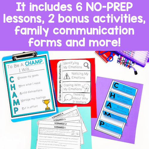 Educational materials with text about no-prep lessons and bonus activities on a purple background