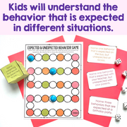 Educational game for understanding expected and unexpected behavior with colorful game board and cards on a pink background.