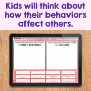 Educational material on a tablet screen with text about behaviors affecting others, displayed on a wooden surface.