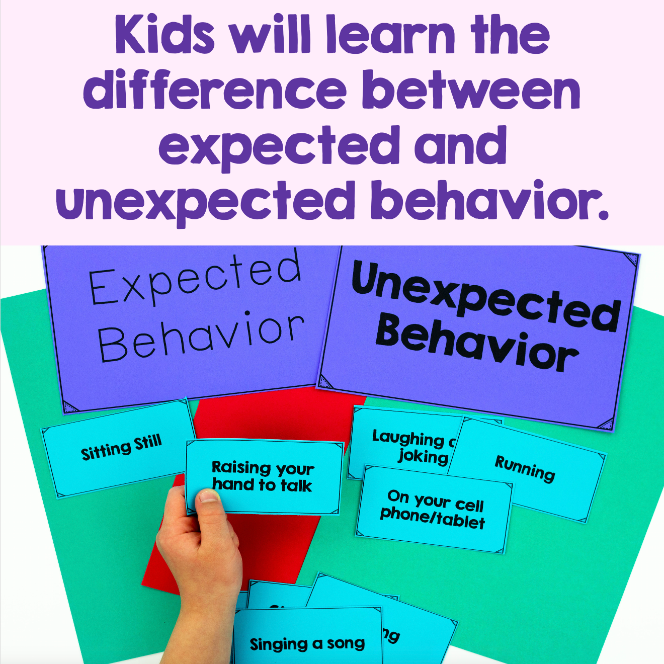 Educational card game with 'Expected Behavior' and 'Unexpected Behavior' cards on a green background.