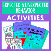 Educational materials for expected and unexpected behavior activities on a purple and green background