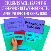 Educational cards for teaching expected and unexpected behaviors with text on a purple background.