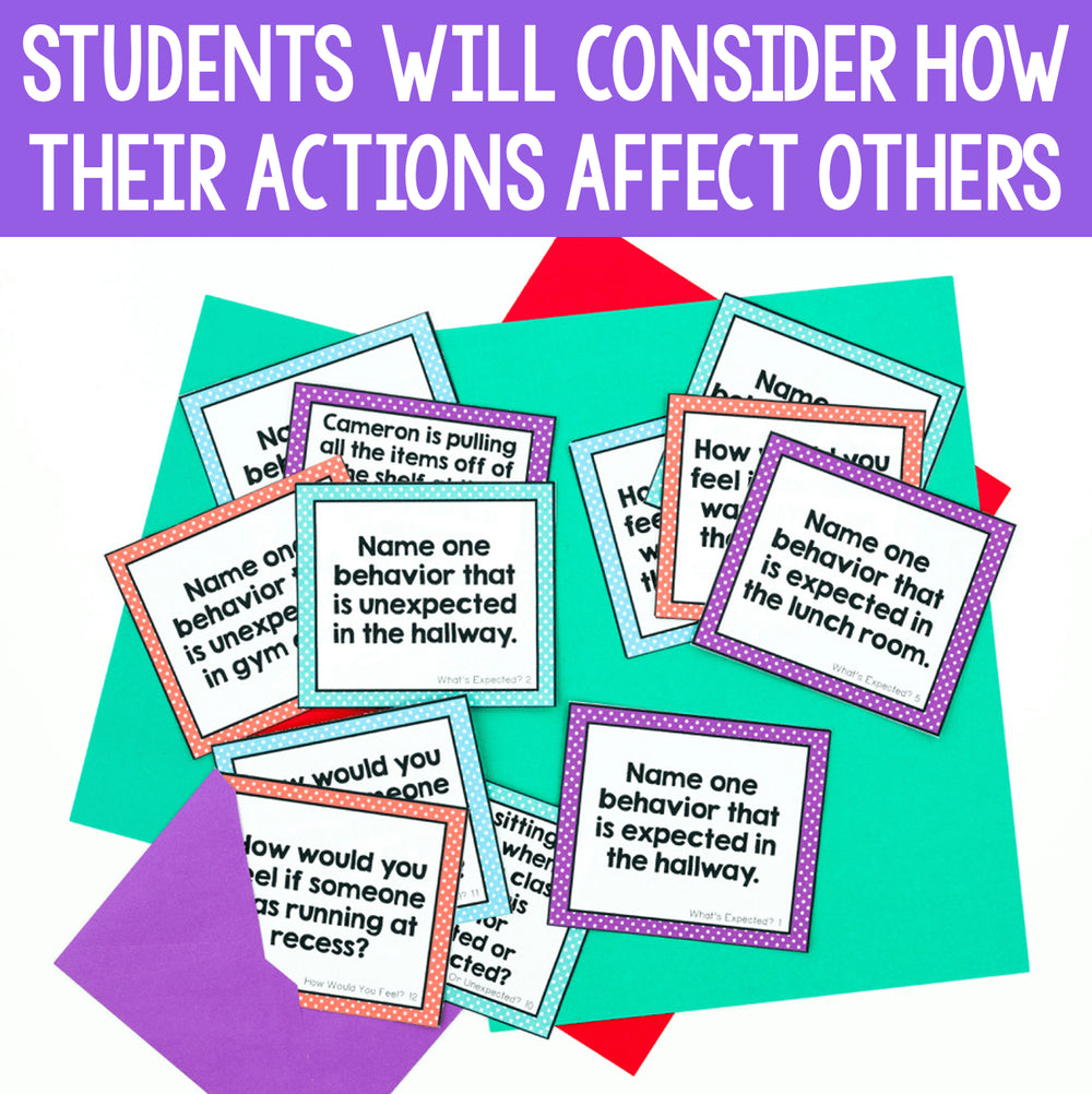 Educational cards with behavioral scenarios on a colorful background