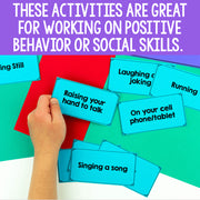 Hand holding a card with activities for positive behavior or social skills on colorful cards.