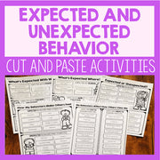 Cut and paste activities for expected and unexpected behavior on a wooden surface with a purple border.