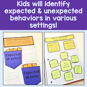Educational materials for identifying expected and unexpected behaviors in various settings with colorful labels and text.