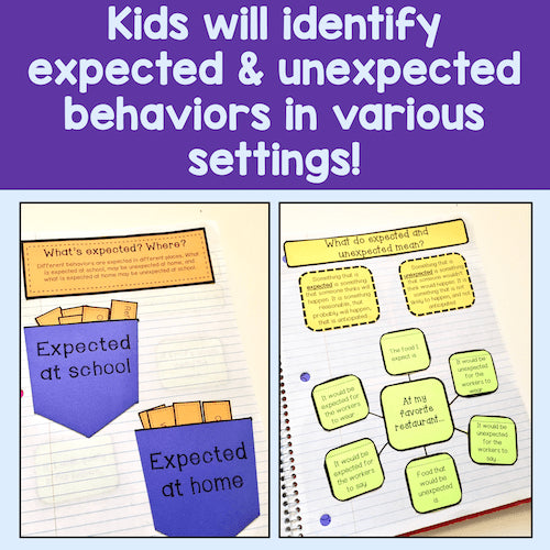 Educational materials for identifying expected and unexpected behaviors in various settings with colorful labels and text.