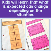 Educational materials with text about expectations changing based on situations, displayed on a purple background.