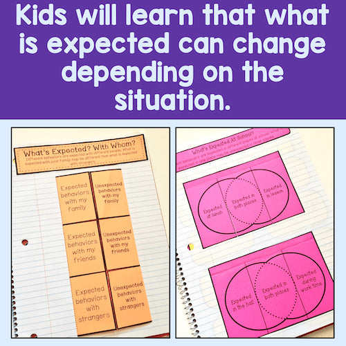 Educational materials with text about expectations changing based on situations, displayed on a purple background.