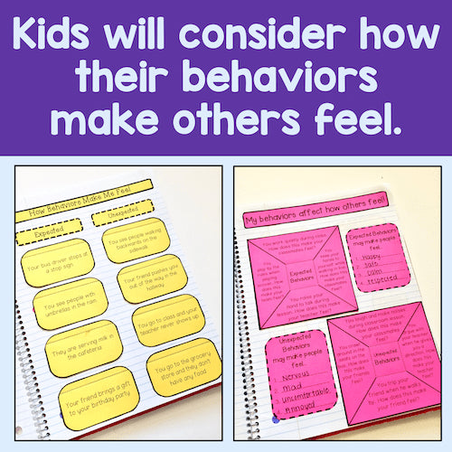 Educational materials for children to consider how their behaviors affect others, with yellow and pink sheets.