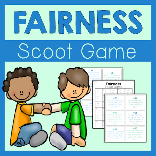 Cover of a fairness scoot game with two children shaking hands and worksheets on a blue and green background.
