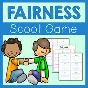 Cover of a fairness scoot game with two children shaking hands and worksheets on a blue and green background.