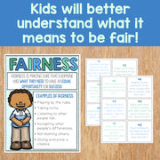 Educational material on fairness for children with text and illustrations on a wooden surface.